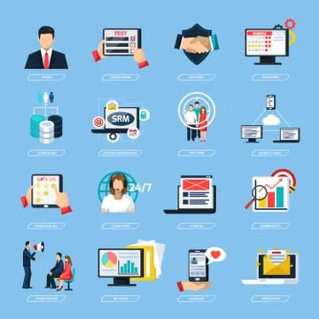 CRM System Flat Icons Set Illustrazione stock