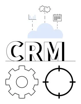CRM text below cloud with graph, puzzle, and calendar. Below CRM, gear and ta Stockillustratie