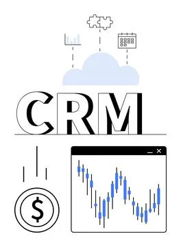 CRM text with cloud above, linking to analytics chart, puzzle pieces, and cal 스톡 일러스트