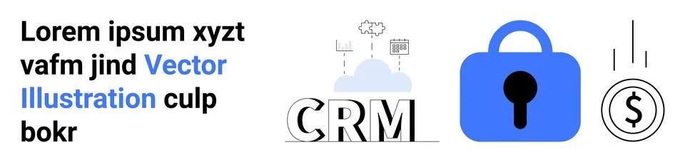 CRM text with cloud and graph icons, blue lock, and falling currency symbol r Stockillustratie