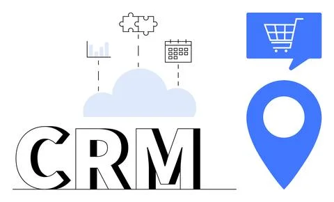 CRM text with cloud icon, puzzle piece, bar chart, calendar, blue location pi Stock Illustration