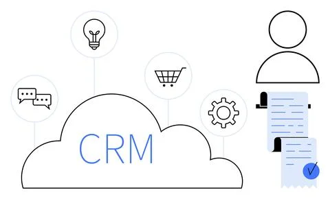 CRM text in a cloud surrounded by a shopping cart, light bulb, chat bubbles,  Stock Illustration