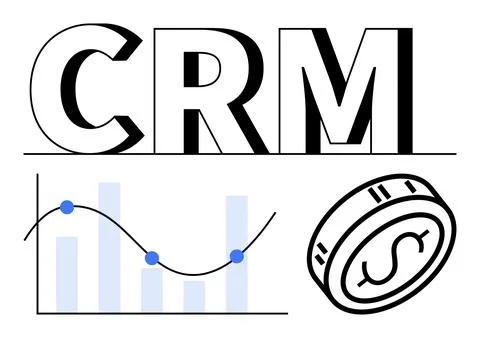 CRM text, line graph with blue data points, and a coin with dollar sign. Idea Illustrazione stock
