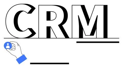 CRM text with minimalist hand selecting user profile icon. Ideal for customer Stock Illustration
