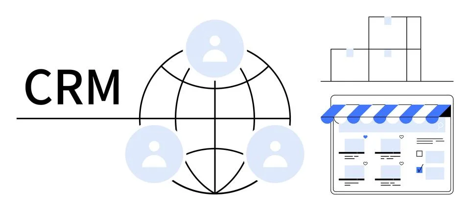 CRM text next to a globe with user icons, a storefront with a blue awning, an Stock Illustration