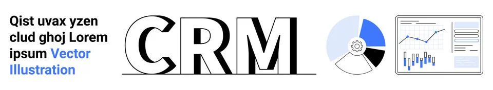 CRM text, a pie chart with segments, and an analytics dashboard with graphs a 스톡 일러스트