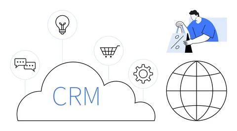CRM text within cloud surrounded by light bulb, shopping cart, chat bubbles,  Stock Illustration