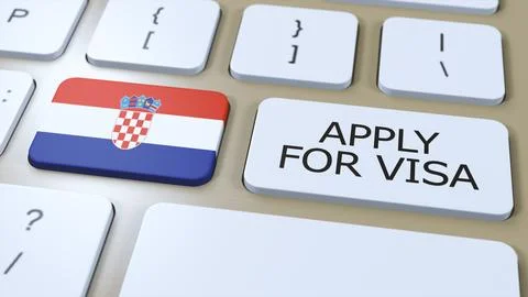 Croatia, Apply for Visa Concept. Button Push 3D Illustration. Visa Apply for Illustrazione stock