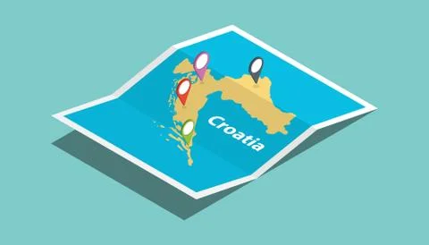 Croatia explore maps with isometric style and pin location tag on top 스톡 일러스트