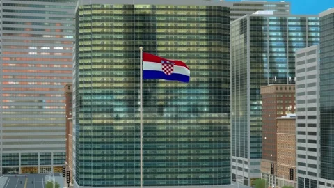 Croatia Flag 3D Render Animation on Pole with Modern Business District Build Video stock 332882879