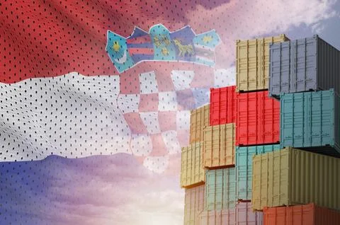 Croatia flag and big stack of shipping cargo containers in docks with sky Foto stock