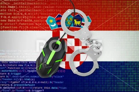 Croatia flag and handcuffed computer mouse. Combating computer crime, hacker Stock Photos
