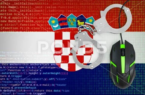 Croatia flag and handcuffed computer mouse. Combating computer crime, hacker Stock Photos