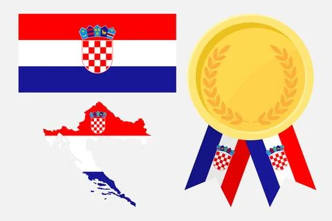 Croatia flag with map and gold medal in set for web and banners or app and .. Stock Illustration