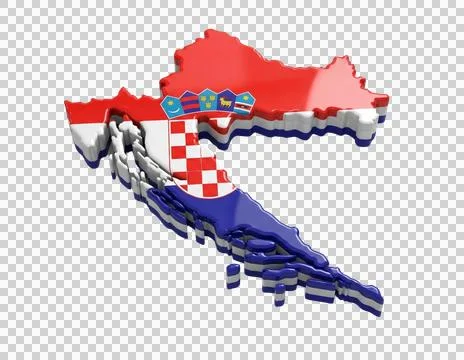 Croatia map 3d rendering with national flag and checkerboard emblem on tran.. Illustrazione stock