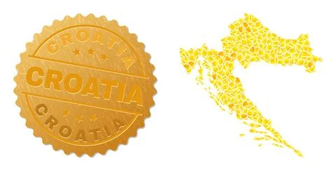 Croatia Map Collage of Gold Elements and Metal Croatia Seal イラスト素材