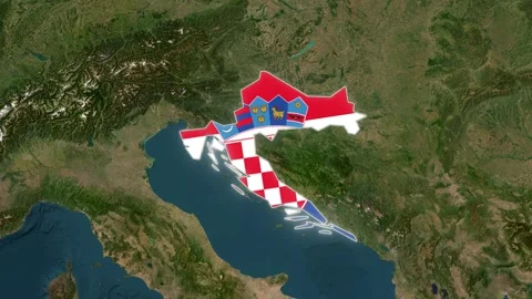 Croatia Map Highlight with Animated Flag Pin on World Satellite Map Stock Footage 341133099