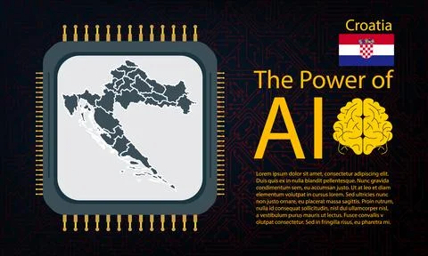 Croatia map with microchip war and AI concept on circuit board, Power of AI.. Illustrazione stock