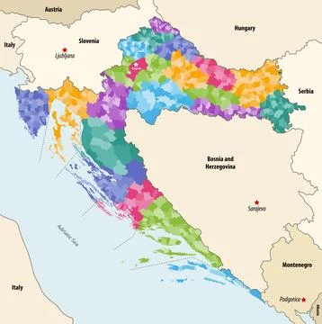 Croatia municipalities vector map  colored by counties Stock Illustration