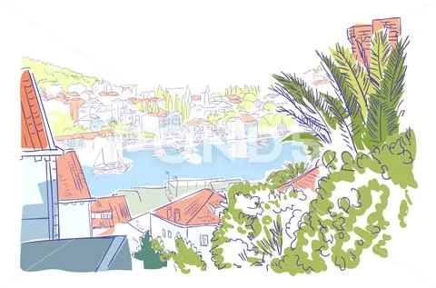 Croatia panorama vector sketch Dubrovnik watercolor art Stock Illustration
