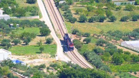 Croatia, Split, August 19, 2019. A train of two carriages, blue and red-white Stock Footage 124479328