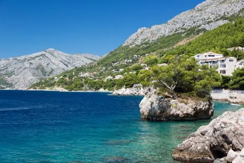 Croatian beach at a sunny day, Brela, Croatia Stock-Fotos