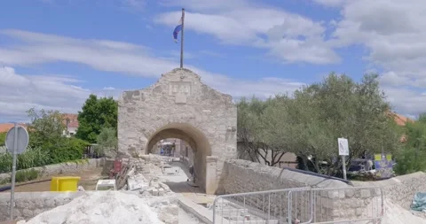 The Croatian flag flutters in the wind on The Lower City Gates Stock Footage 133739022