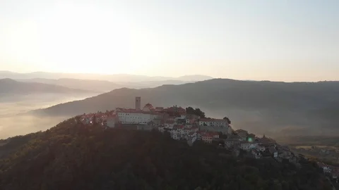 Croatian sunrise over Motovun in dawn Stock Footage