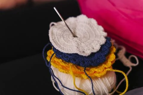 Crochet circles with needle. Stock Photos