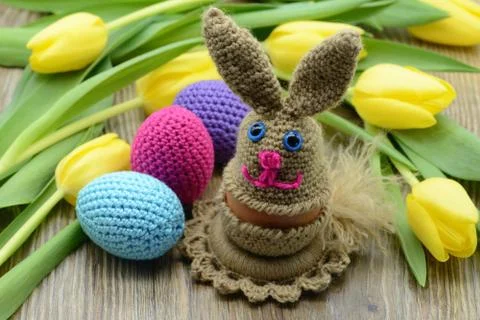 Crochet Easter bunny made of wool Stock Photos
