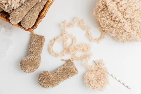 Crochet plush toy making process with soft yarn Stock Photos