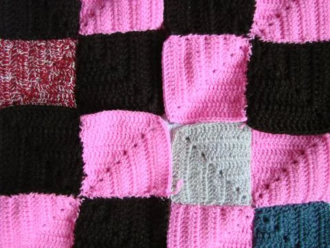 Crochet texture, colorful squares pattern. Crochet Knit Squares 스톡 사진