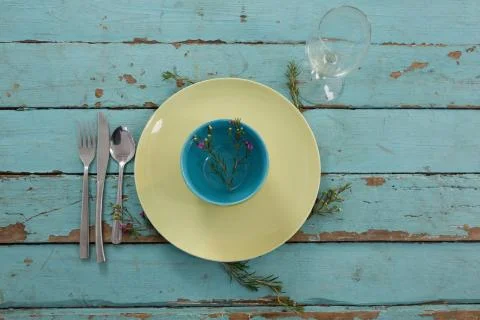 Crockeries and kitchen ware on weathered table Stock Photos