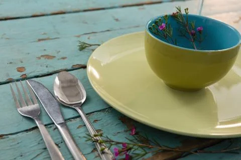 Crockeries and kitchen ware on weathered table Stock Photos