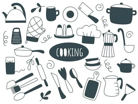 Crockery and kitchenware doodle sketch style set Stock Illustration