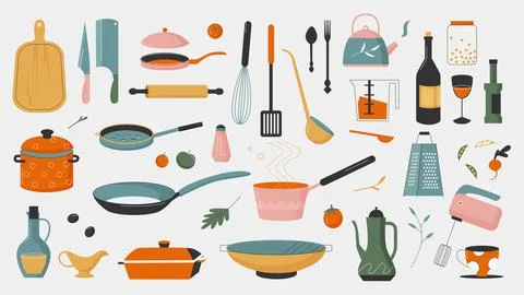 Crockery, kitchenware tools for cooking set, modern home kitchen cookware Illustration