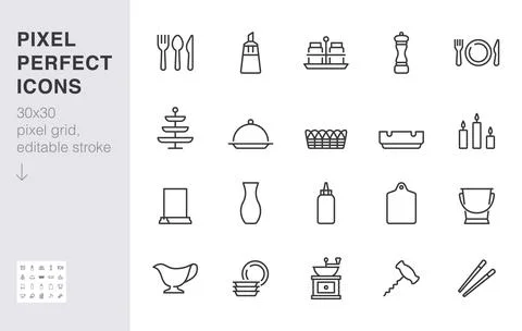 Crockery line icon set. Table setting - sugar bowl, salt shaker, fork, spoon Illustrazione stock
