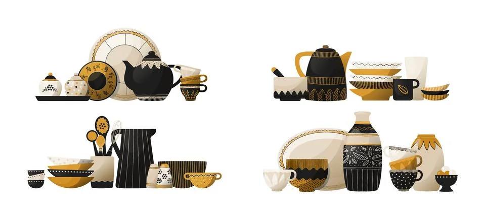 Crockery stack. Ceramic tableware and pottery. Kitchen dishes. Cookware with Stock Illustration