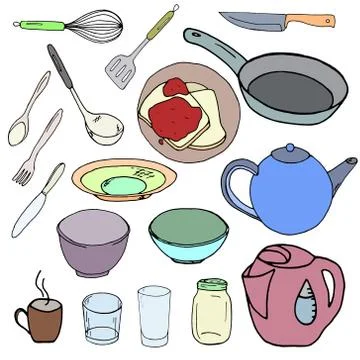Crockery on a white background. Sketch Tableware. Illustration Stock Illustration