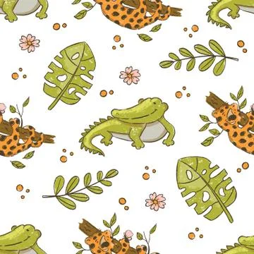 CROCODILE AND LEOPARD Hand Drawn Grunge Seamless Pattern Stock-Illustration