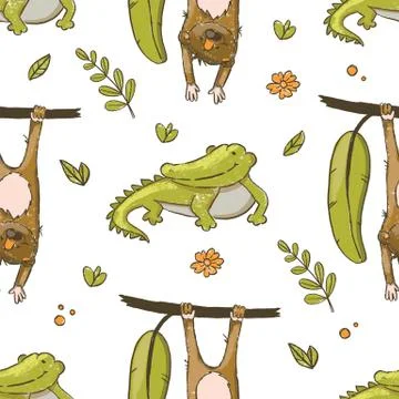 CROCODILE AND MONKEY Hand Drawn Grunge Seamless Pattern Stock Illustration