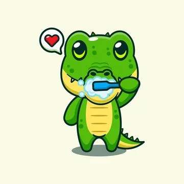 Crocodile brushing teeth cartoon vector illustration. Stock Illustration