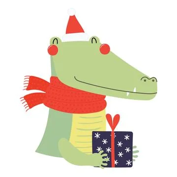 Crocodile with a Christmas gift isolated Stock Illustration