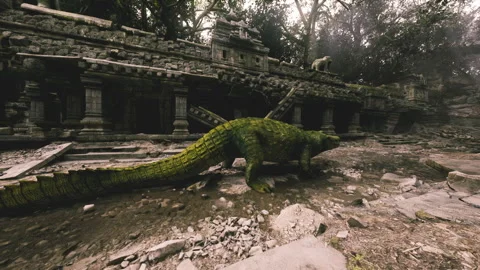 Crocodile exploring ancient ruins in a dense tropical jungle setting Vidéo 294093664