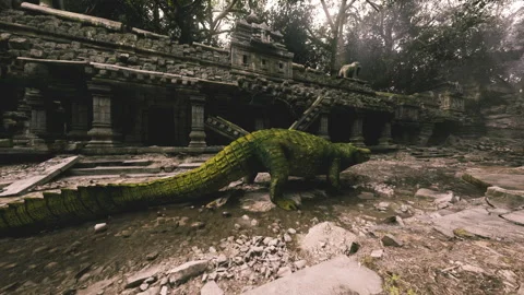Crocodile exploring ancient ruins in a lush jungle setting Vidéo 317380793