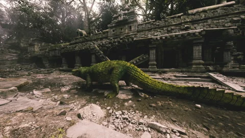 Crocodile exploring ancient ruins in a lush, overgrown jungle environment Vidéo 321737289