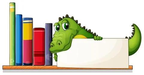 A crocodile holding an empty board above the wooden shelf with books Stock Illustration