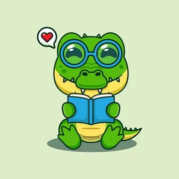 Crocodile reading a book cartoon vector illustration. Stock Illustration