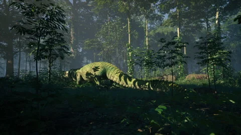 Crocodile resting in dense forest under dappled sunlight Vidéo 309274010