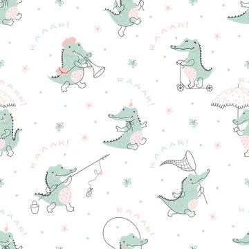 Crocodile seamless pattern. Cute cartoon crocodiles or alligators, nature baby Stockillustratie